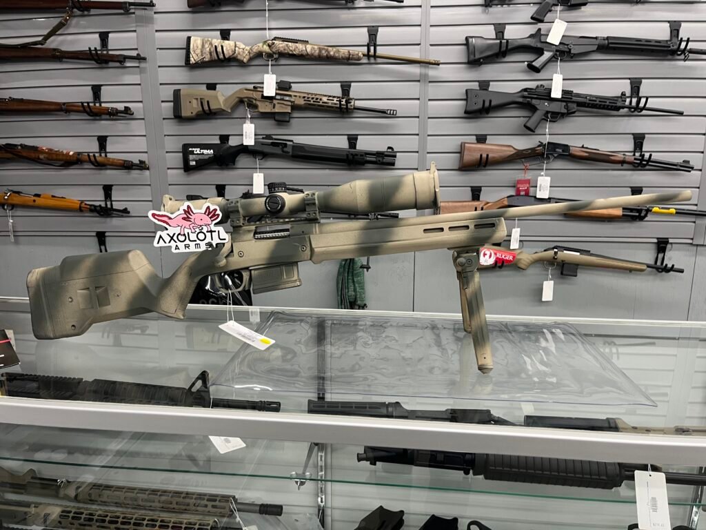 Rifles stored securely in a locked display cabinet