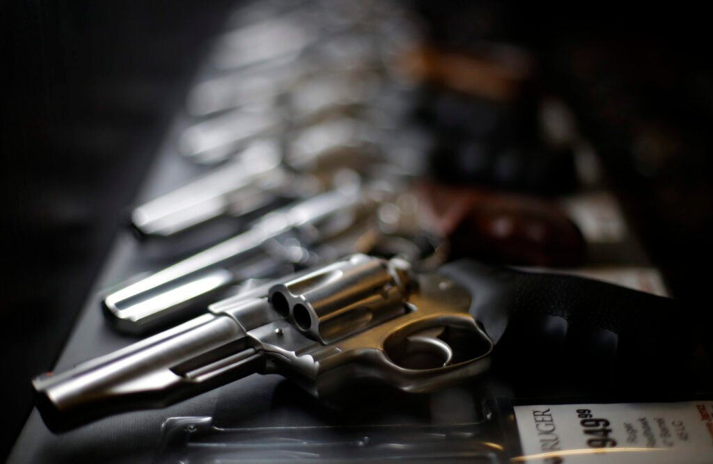 Handguns in a licensed dealer display case
