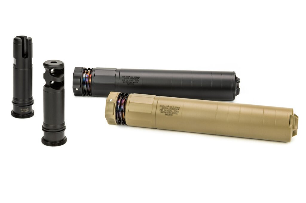 Suppressors and accessories on a workbench